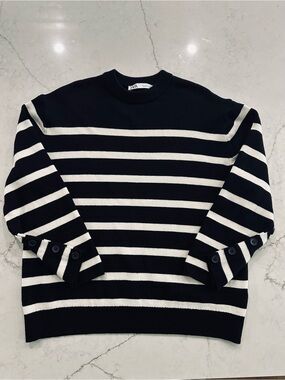 Zara Black and White Striped Crewneck Sweater with Button Cuffs